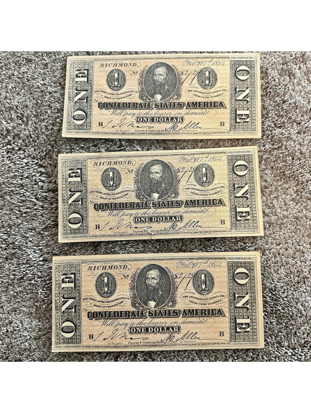 Lot Set Of 3 Reproduction Confederate States Of America 1$ Dollar Bill FLAW
